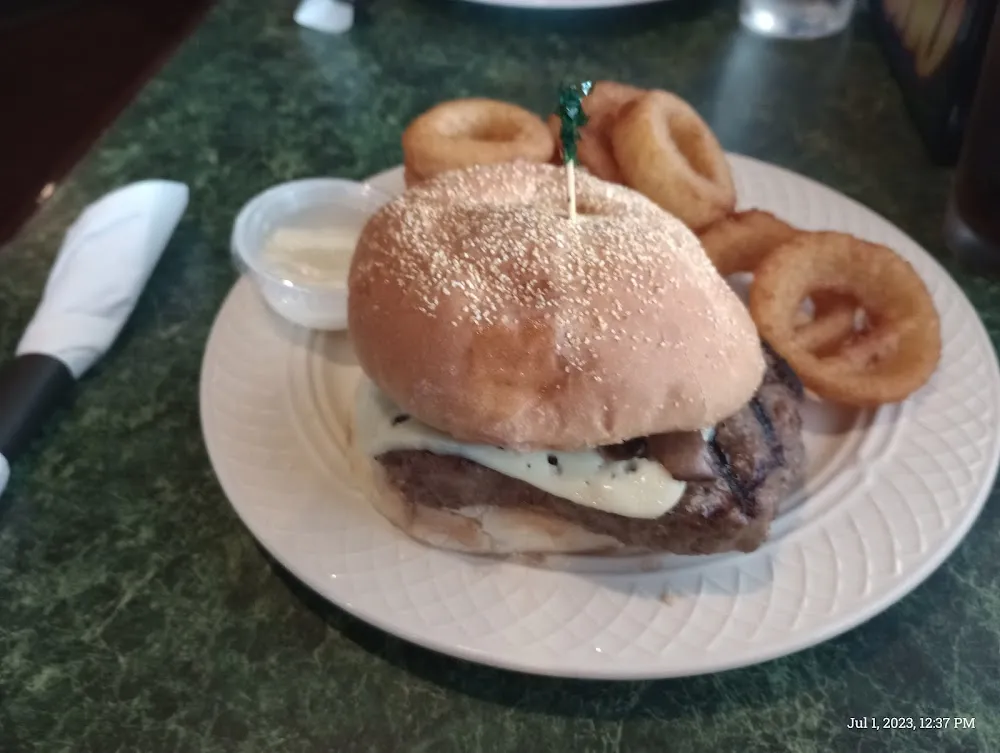 Pub Burger with Swiss Cheese and Mushrooms with Onion Rings